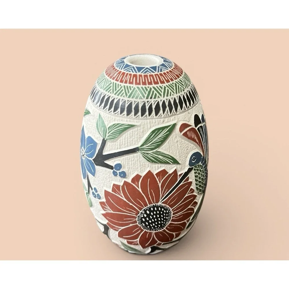 Mata Ortiz Pottery Lupita Quintana‎ Hummingbird Flowers Floral Jar Vase Mexican